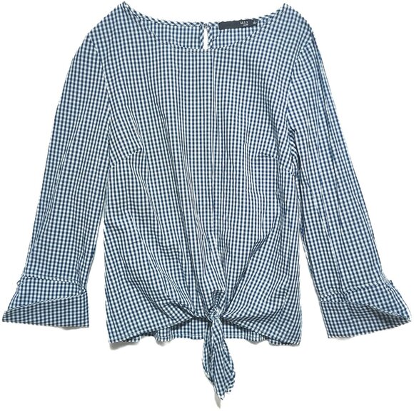 Max Jeans Tie front Gingham Check Top size L Large Blue White Shirt knot cuff - Picture 1 of 4